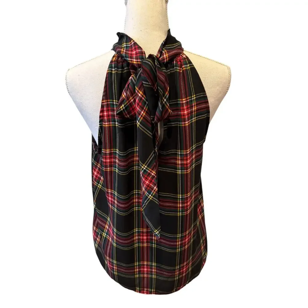 J. Crew High Neck Halter Top Stewart Chiffon Plaid Print 8